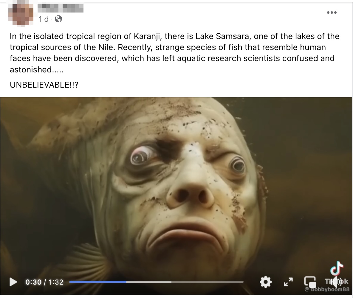 人間の顔を持つ魚のAI生成ビデオ